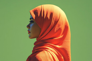 A profile view of a woman wearing an orange hijab against a green background.