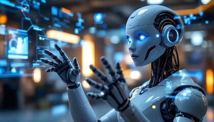 AI-Powered Robot Interacting with High-Tech Digital Display