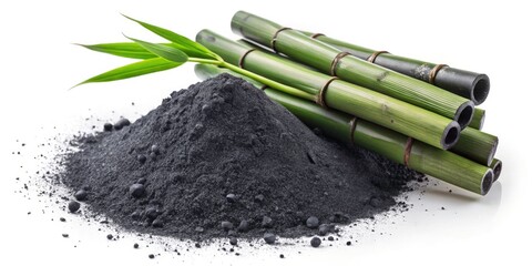 Fototapeta premium Natural Bamboo Charcoal Powder, High-Resolution Image, Isolated White Background, Long Exposure Photography