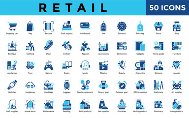 Retail icons set with shopping cart, bag, barcode, cash register, credit card, sale, discount, price tag, store, shop icon. Simple flat vector 
