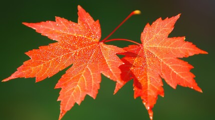 Vibrant red maple leaves with a blurred green background, showcasing autumn beauty.