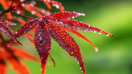 Vibrant red maple leaf glistening with dew against a blurred green background.