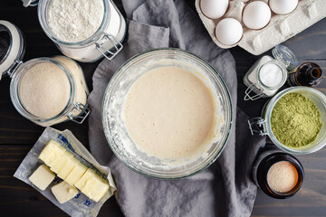 Proofing Yeast in a Mixture of Warm Milk and Flour: Bubbly mixture of yeast, milk, and flour in a mixing bowl surrounded with other bread ingredients