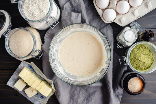 Proofing Yeast in a Mixture of Warm Milk and Flour: Bubbly mixture of yeast, milk, and flour in a mixing bowl surrounded with other bread ingredients