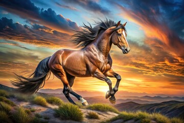 Panoramic Bay Mustang Drawing, Graceful Horse Art, Equestrian Photography, Wild Horse Panorama