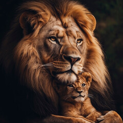 Naklejka premium Lion king gently embracing his little lion cub heir, affectionate mood, dark background