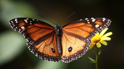 Fototapeta premium A vibrant butterfly perched on a bright yellow flower against a blurred background.