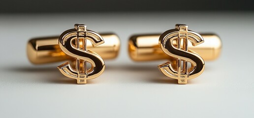 Close-up of gold dollar sign cufflinks.