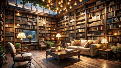 Enchanting Night Photography of Bookshelves with Warm Ambient Lighting and Rich Textures for Cozy Home Decor Inspiration