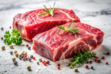 Fototapeta premium Raw Beef Photography: Butcher Shop Meat, Steak Images, Prime Cuts, High-Resolution Food Pictures, White Background