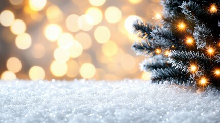 Obraz premium A snowy scene featuring a decorated Christmas tree with warm lights and a soft bokeh background.