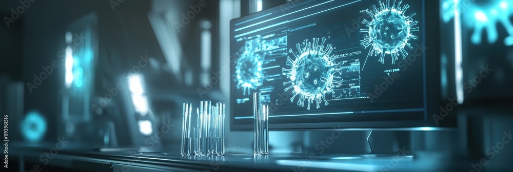 Poster Modern laboratory showcases test tubes and glowing monitors with virus imagery during a research experiment. Generative AI