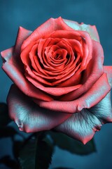 Vibrant rose with intricate petals set against a blue background.