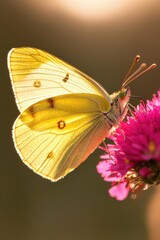 A vibrant yellow butterfly perched on a pink flower, captured in soft natural light.