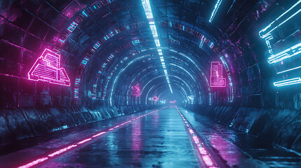 Fototapeta premium A neon tunnel with neon signs on the walls