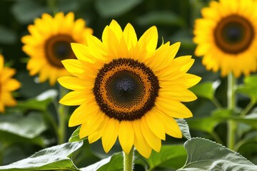 Fototapeta premium Bright sunflowers with vibrant yellow petals and dark centers blooming in a lush green field.