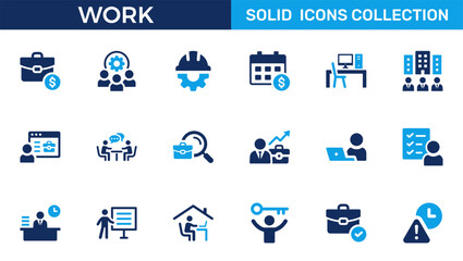 Work icon set. Containing job, career, employment, meeting, organization, teamwork and networking icons. Solid icon collection. Vector illustration.