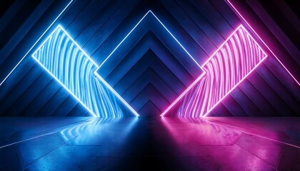 Naklejka premium Vibrant Neon Lights illuminate a dark, geometric space.