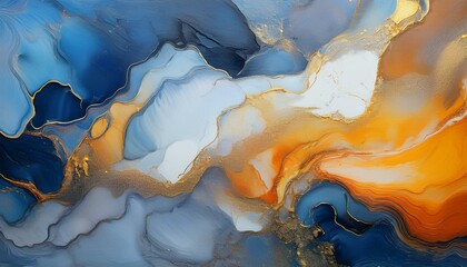 Abstract fluid art painting in blues, oranges, and gold.
