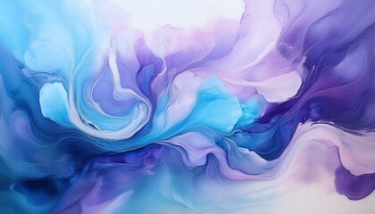 Fototapeta premium Abstract swirls of blue, purple, and white paint create a dreamy, ethereal artwork.