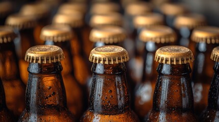 Close-up of multiple brown beer bottles with gold caps, condensation visible.