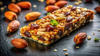 Fototapeta premium Isolated High Protein Snack Bar Featuring Almonds, Seeds, Nuts, and Natural Ingredients for Healthy Living, Nutrition, Fitness, and Energy Boosting Snacks