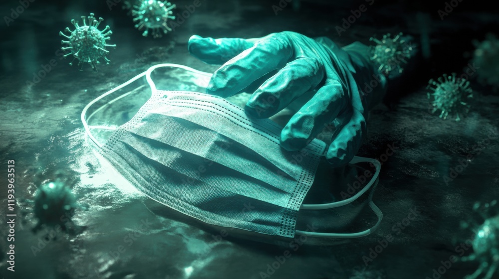 Fototapete Gloves and mask resting on a surface surrounded by fading viruses in a dark environment. Generative AI