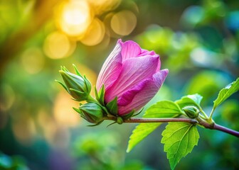 Long Exposure of Delicate Hibiscus Syriacus Bud in Late Summer Garden, Central and Eastern Europe - Botanical Beauty in Bloom, Nature's Artistry, Serene Flora, and Plants
