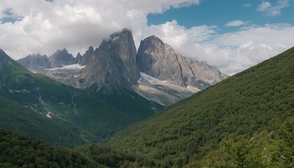 Obraz premium Wide angle panoramic view of the mountain peaks covered with snow SS4