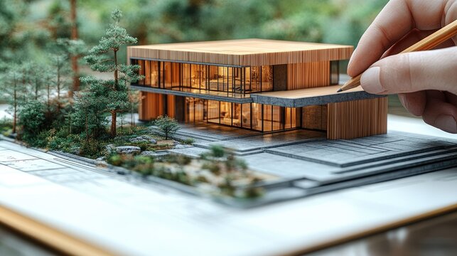 Design framework in focus - house model positioned over detailed blueprints, emphasizing architectural structure, planning expertise, spatial arrangement, meticulous technical execution.