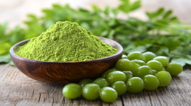 Fresh Amla Powder and Raw Avla on Rustic Wooden Table  - ai