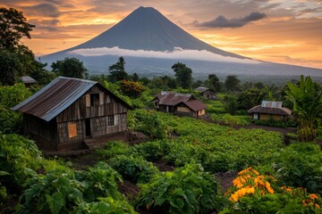 A village at the base of a dormant volcano, with traditional houses and farmland against the backdrop of the towering peak