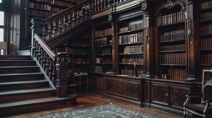 Obraz premium A grand library with ornate woodwork, bookshelves, and a staircase, evoking a scholarly atmosphere.