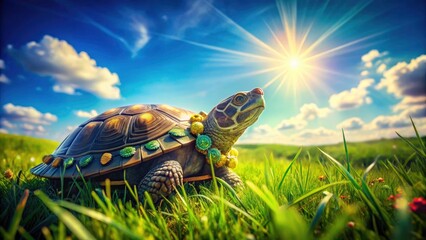 Turtle Sky Gazing: Fashion Photography Grass Meadow, Reptilian Fashion, Nature Editorial