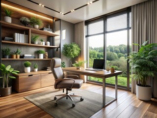 Fototapeta premium Modern Home Office Design with Large Window, Natural Light, Minimalist Decor, Ergonomic Furniture, Indoor Plants, Cozy Workspace, Stylish Accessories, Productive Environment, Contemporary Aesthetics