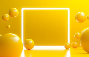 Glowing square neon frame with floating white spheres on vibrant yellow background