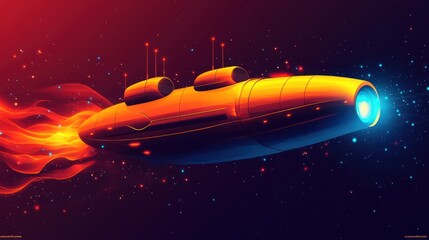 Naklejka premium Futuristic Submarine in Outer Space with Vibrant Flames and Stars, Capturing the Essence of Exploration and Adventure in a Sci-Fi Concept Design