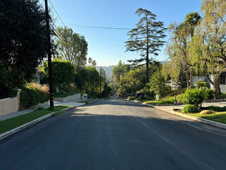empty residential neighborhood - street with sidewalks, trees, lawn, utility poles with telephone lines, driveways, houses - Los Angeles, California