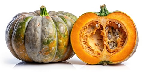 Raw Ripe Pumpkin Cut in Half with One Half Rotten and Moldy on White Background - Nature's Decay, Autumn Harvest, Organic Produce, Food Photography