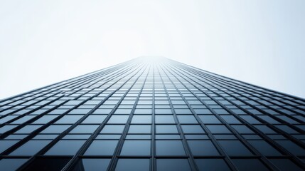 Modern Skyscraper with Glass Facade Reaching towards the Sky, Offering a Unique Perspective of Urban Architecture in a Minimalistic Style