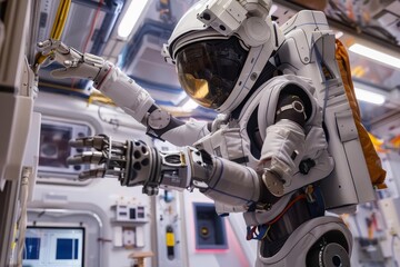 A humanoid robot astronaut interacts with equipment in a futuristic space environment.