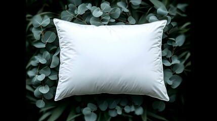 White pillow, eucalyptus leaves, nature, mockup, sleep