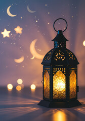 Illuminated Ramadan Lantern with Crescent Moons and Stars Night Background