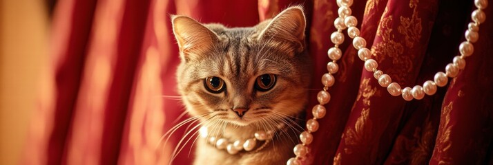 Glamorous cat adorned with pearls stands elegantly in a theater setting brightened by soft lighting. Generative AI