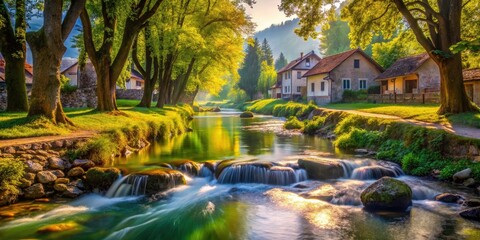Serene Small Stream in Martin Brod Village, Bihac: Bokeh Effect in Una National Park, Early September Beauty in Bosnia and Herzegovina's Natural Landscape