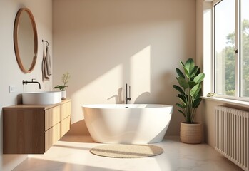 Fototapeta premium Elegant Bohemian Bathroom Decor: Transform Your Space with Soft Beige Hues and Lush Greenery