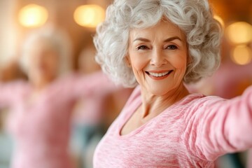 Volunteers leading a fitness class for seniors in a community center, with attendees smiling and moving along