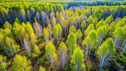 Springtime Aerial View of Bare Birch Trees with Vibrant Blue Sky, Nature's Serenity, and Seasonal Beauty