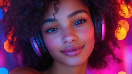Close-up portrait of a young woman with headphones, illuminated by colorful lights.