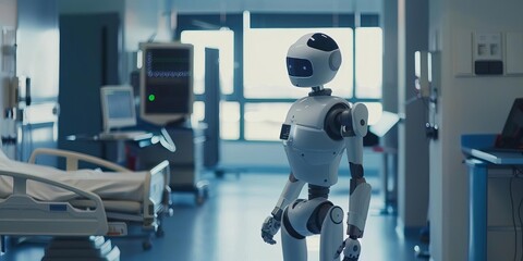 A humanoid robot stands in a hospital corridor, showcasing technology in healthcare settings.